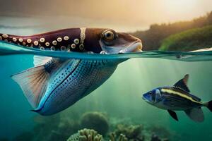 two fish swimming in the ocean with a coral reef in the background. AI-Generated photo