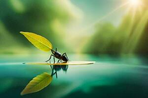 a bug sitting on a leaf in the water. AI-Generated photo