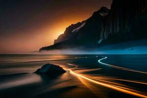 a long exposure photograph of a mountain and a beach at night. AI-Generated photo