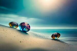 three colorful stones on the beach. AI-Generated photo