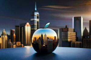 an apple with a cityscape in the reflection. AI-Generated photo