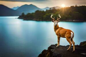 a deer stands on the edge of a cliff overlooking a lake. AI-Generated photo