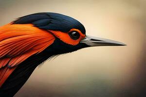 un cerca arriba de un vistoso pájaro con naranja y negro plumas. generado por ai foto