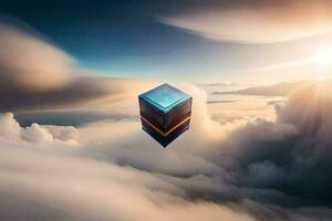 a cube floating in the sky above clouds. AI-Generated photo