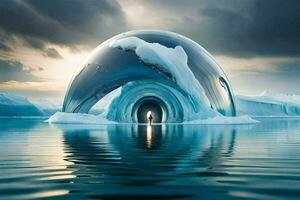 un hombre en pie en frente de un iceberg. generado por ai foto