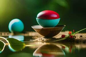 two colorful eggs sit on a wooden bowl in the water. AI-Generated photo