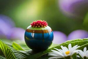 un vistoso florero con un flor sentado en parte superior de verde hojas. generado por ai foto