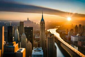 the sun rises over the city skyline in new york. AI-Generated photo