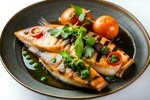 grilled fish with tomatoes and herbs on a plate. AI-Generated photo