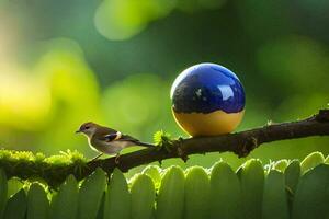 a bird sits on a branch next to an egg. AI-Generated photo