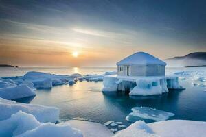 a small house sits on top of an iceberg. AI-Generated photo