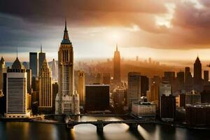 the new york city skyline at sunset. AI-Generated photo