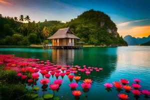 the beautiful lotus flowers in the water. AI-Generated photo