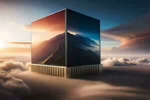 the cube is surrounded by clouds and mountains. AI-Generated photo