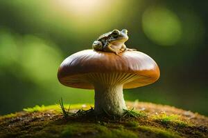 a frog sits on top of a mushroom. AI-Generated photo