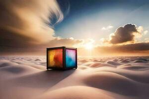 a box with a colorful light in the sky. AI-Generated photo