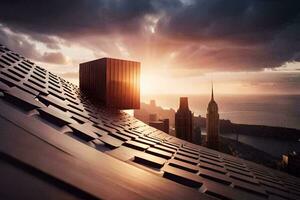 the sun is setting over a city and a skyscraper. AI-Generated photo