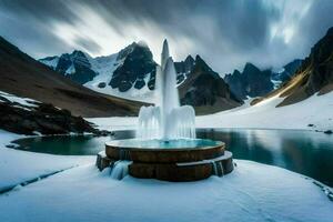 a fountain in the snow with mountains in the background. AI-Generated photo