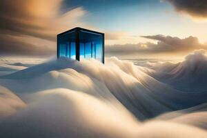 un azul caja sentado en parte superior de un nube. generado por ai foto