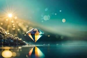 un diamante es reflejado en el agua con luz de sol brillante. generado por ai foto