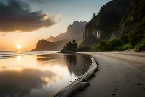 a beach at sunset with a log on the shore. AI-Generated photo
