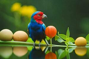 a colorful bird sits on a branch with eggs. AI-Generated photo