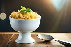 macaroni in a white bowl with a spoon. AI-Generated photo