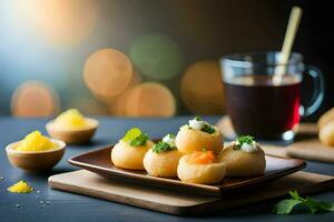 pequeño comida artículos en un plato con un taza de té. generado por ai foto