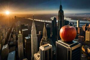 un manzana se sienta en parte superior de un rascacielos en frente de un ciudad. generado por ai foto