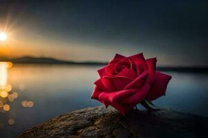 a red rose sits on a rock in front of the sun. AI-Generated photo