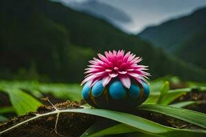 a blue flower sits on top of a green plant. AI-Generated photo