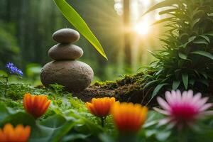 stone balancing in the garden. AI-Generated photo