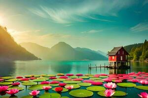 the lake is full of pink lillies and the sun is shining on the water. AI-Generated photo