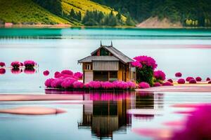 a house on a lake surrounded by pink flowers. AI-Generated photo