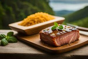 a piece of meat on a wooden board with rice and herbs. AI-Generated photo