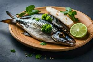 two fish on a plate with lime and herbs. AI-Generated photo