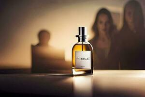 a bottle of perfume sitting on a table. AI-Generated photo