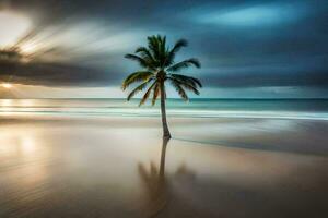 un solitario palma árbol soportes en el playa a puesta de sol. generado por ai foto