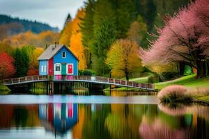 colorful house on a bridge over a lake. AI-Generated photo