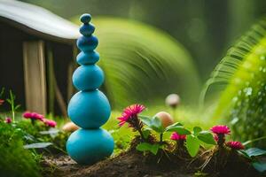 a blue tower of stones in the garden. AI-Generated photo