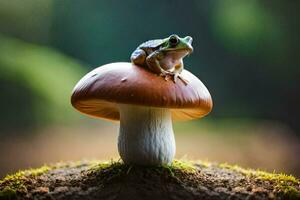 a frog sits on top of a mushroom. AI-Generated photo