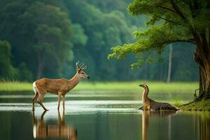 dos ciervo en pie en un lago con arboles en el antecedentes. generado por ai foto