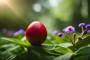 an easter egg is sitting on a green plant. AI-Generated photo