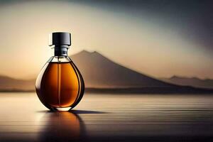 a bottle of perfume sitting on a table in front of a mountain. AI-Generated photo