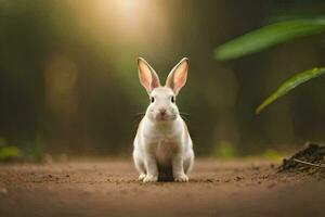 un blanco Conejo sentado en el suelo en el medio de un bosque. generado por ai foto