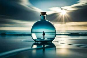 a man is standing in a bottle on the beach. AI-Generated photo