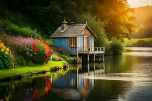 a small house sits on the shore of a lake. AI-Generated photo