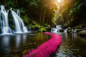 a waterfall with pink flowers flowing down the stream. AI-Generated photo