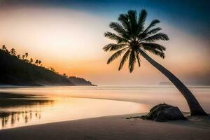 a palm tree stands on the beach at sunset. AI-Generated photo