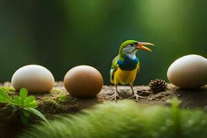 un pájaro es en pie siguiente a huevos. generado por ai foto